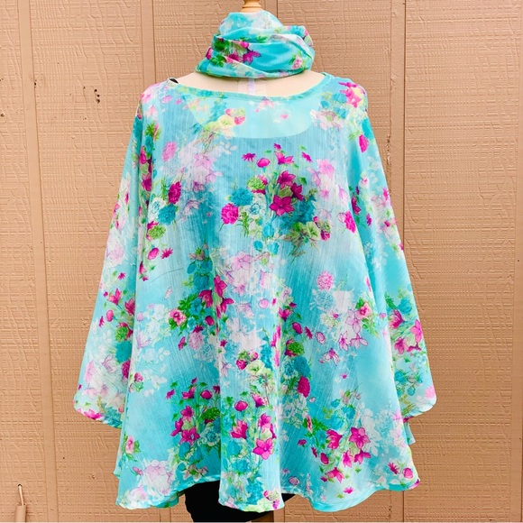 Handmade Tops - Floral sheer Poncho with Scarf